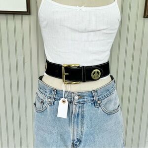 Moschino Peace & Love Black Suede Leather Wide Belt Gold Hardware